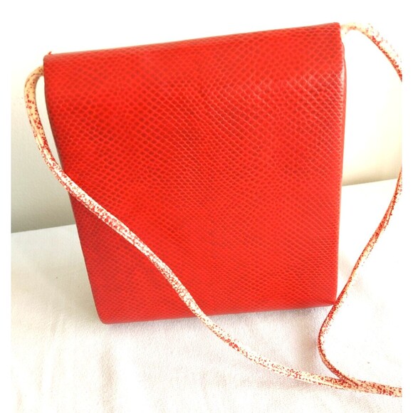 Vintage 80s Ande Hard Shell Red embossed snakeskin leather crossbody clutch bag - Picture 3 of 12
